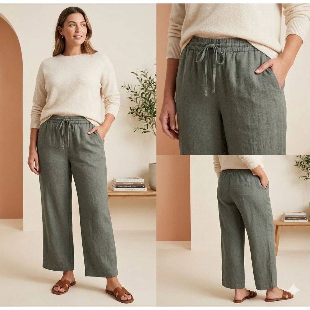 Talbots Pants Womens 12 Wide Leg Linen Pull On Stretch Drawstring lagenlook boho